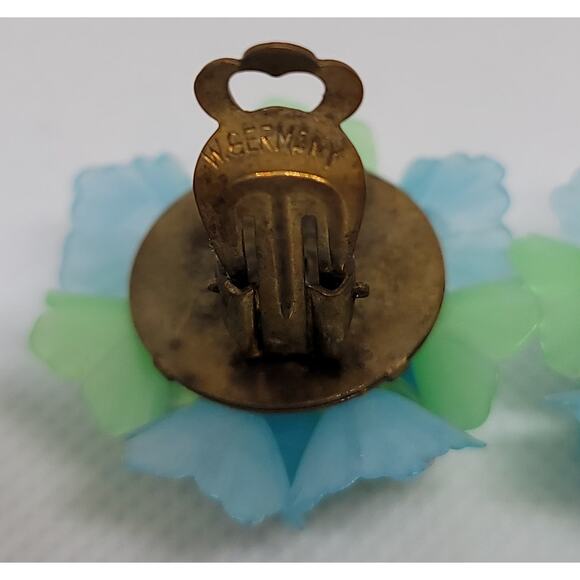 Vintage Mid Century Cluster Glass Clip On Flower Earrings Signed West Germany - Picture 3 of 8